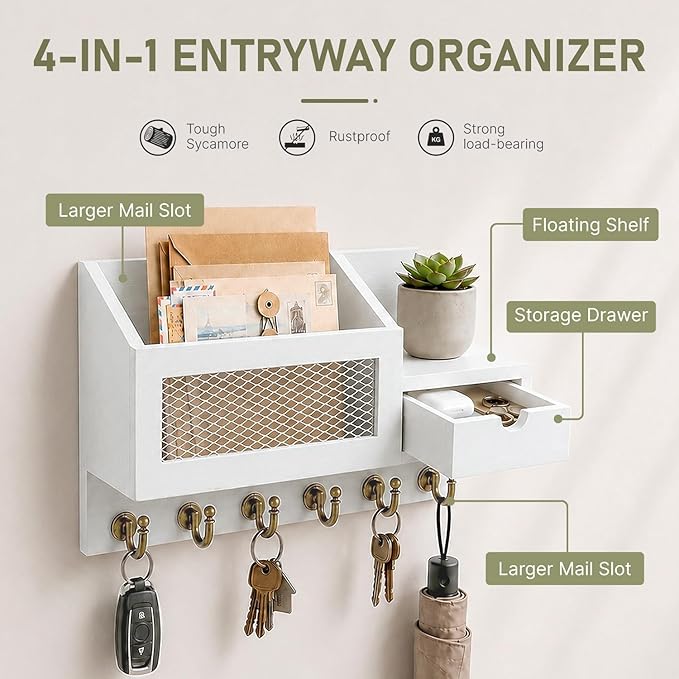 FifthQuarter Key and Mail Holder for Wall, Mail Organizer Wall Mount with 6 Hooks and Storage Drawer, Easy Installation Key Rack for Entryway and Home Decor (B-White)