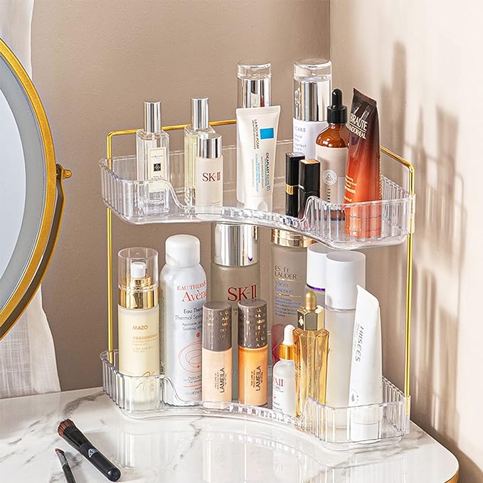 shuang qing 2-Tier Corner Bathroom Counter Organizer – Classic Storage Shelf for Makeup, Perfume & Toiletries, Space-Saving Countertop Tray Fits Bathroom, Dresser, Kitchen (Classic White)