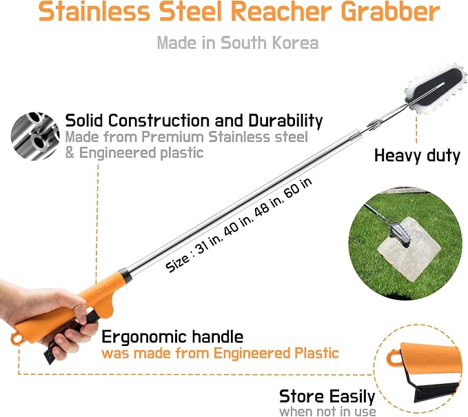 FTH All Stainless Steel Grabber Reacher Pickup Tool Heavy Duty Trash Picker Log BBQ Fireplace pits Snake Tongs Plogging tool