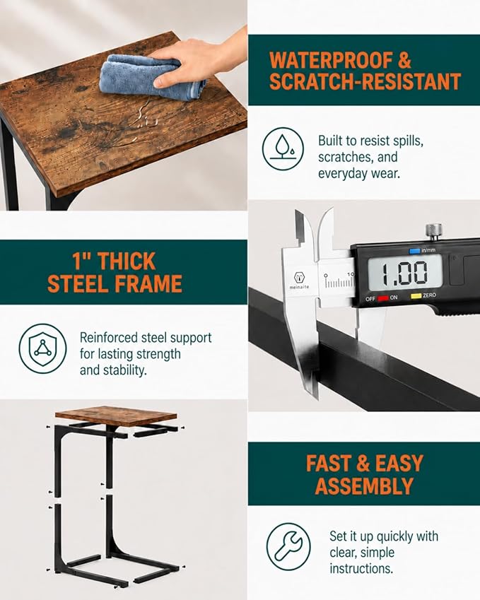 C-Shaped Side Table for Couch - Small Coffee Stand Sofa Tray Desk with Metal Frame and Waterproof Scratch Resistant, Modern End Accent for Living Room, Bedroom, Small Spaces, Rustic Brown