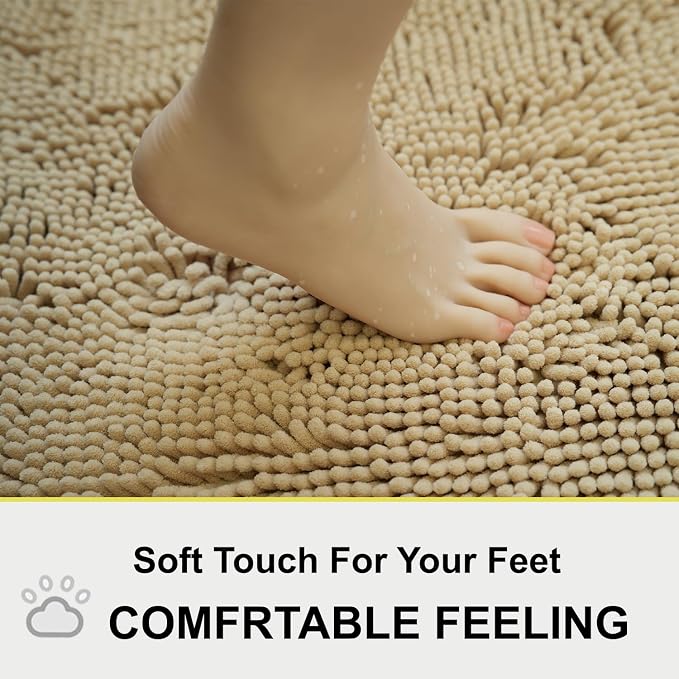 Bath Rugs Chenille 3-Piece Extra Soft and Absorbent Shag Beige Bathroom Rugs, Machine Wash Mat, Strong PVC Non-Slip Underside, Plush Carpet Mats (Beige)