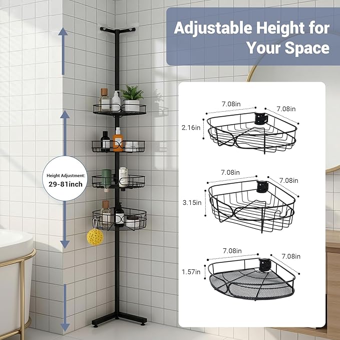 Standing Shower Caddy Corner, 4-Tier Adjustable Height Bathroom Organizer, 6-Section Pole, Sturdy Floor Standing Shelf for Shower – No Drilling, No Spring Tension