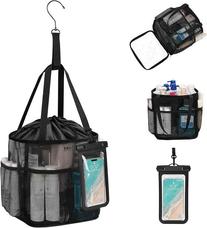 Mesh Shower Caddy Portable for College Dorm Room Essentials, Hanging Shower Caddy with Waterproof Phone Pouch, Large Capacity Shower Bag Basket Tote for Bathroom, Gym, Camping, Swimming, Beach, Black