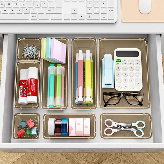 ElegantArray 12 PCS Drawer Organizer Set, 4 Sizes Tool Storage Trays, Clear Plastic Makeup Vanity Organizer and Storage Bins for Stationeries, Multiple Gadgets for Office, Bedroom, Champagne