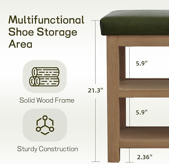 Zihanhome Shoe Rack Bench with Leather Cushion, 2 Tier Solid Wood Storage Bench, Mid-Century Modern Shoe Bench for Entryway, Hallway, Closet, Front Door Entrance, Foyer (Green, 31.5)