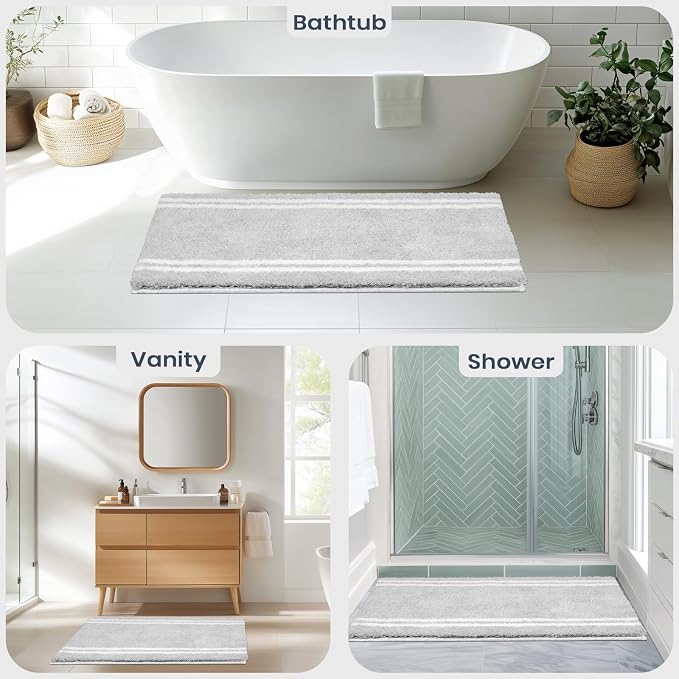 PURRUGS Bathroom Rug Non-Slip Machine Washable 24" x 60", Super Absorbent and Quick Dry Shaggy Microfiber Bath Mat, Extra Soft and Plush Bath Rug for Bathtub, Shower, and Sink, Light Grey