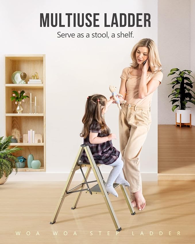 WOA WOA 2 Step Ladder, Foldable Step Stool, Aluminum Lightweight Ladder for Home Kitchen Closet, Anti-Slip Pedals, Ease of Folding, Portable, 300lbs Capacity - Gold