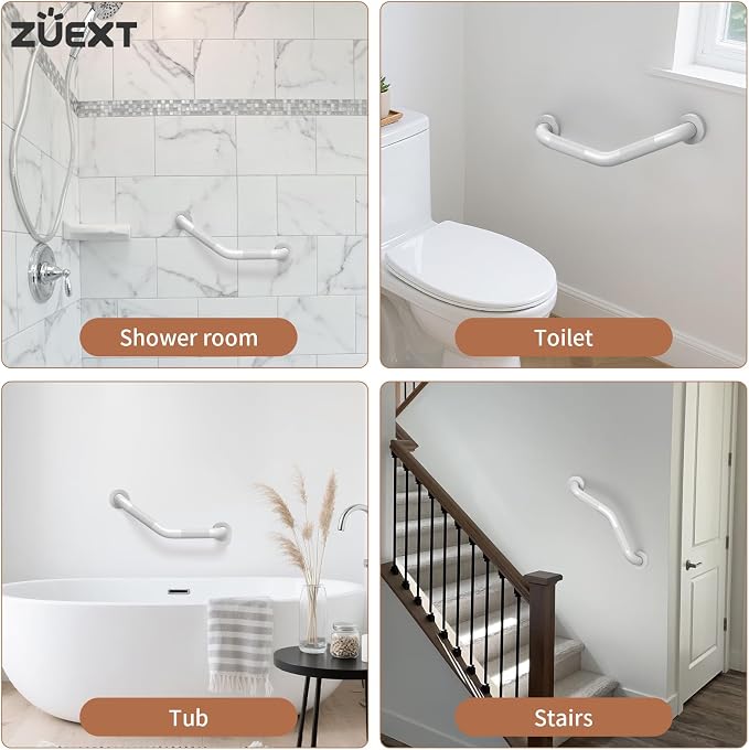 16 Inch Angled Grab Bar, ZUEXT Anti Slip Shower Grab Bar Handles, White Stainless Steel Knurled Bathroom Balance Bar, Safety Hand Rail Support for Handicap Elderly Injury Senior - 1.25" Diameter
