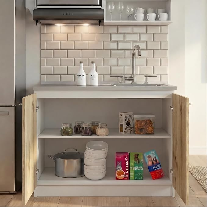 Tuhome Napoles Utility Sink Base Cabinet with Integrated Stainless Steel Countertop, Freestanding Cabinet with Double Doors, Interior Shelf for Laundry Room, Utility Room, Mudroom or Kitchen