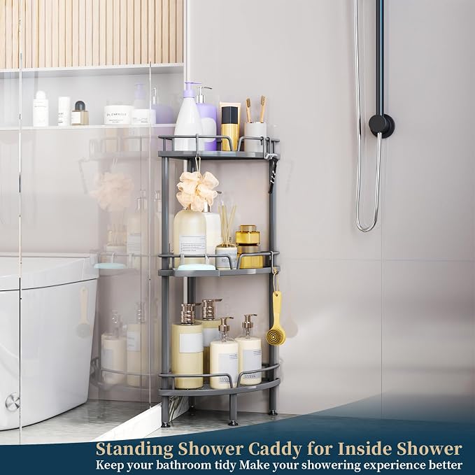 Consumest Corner Shower Caddy Stand - 3 Tier Shower Organizer with Soap Holder, Tall Floor Corner Shelf Standing with Adjustable Feet & 4 Hooks, Storage Rack for Bathroom Grey