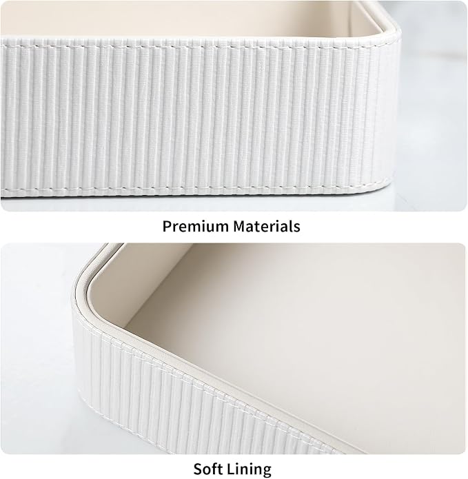 PU Leather Valet Tray Organizer, Modern Nightstand Organizer Bedside Desktop Storage for Womens and Men, Decorative Perfume Trinket Catchall Vanity Tray for Key Watch Wallet (White)