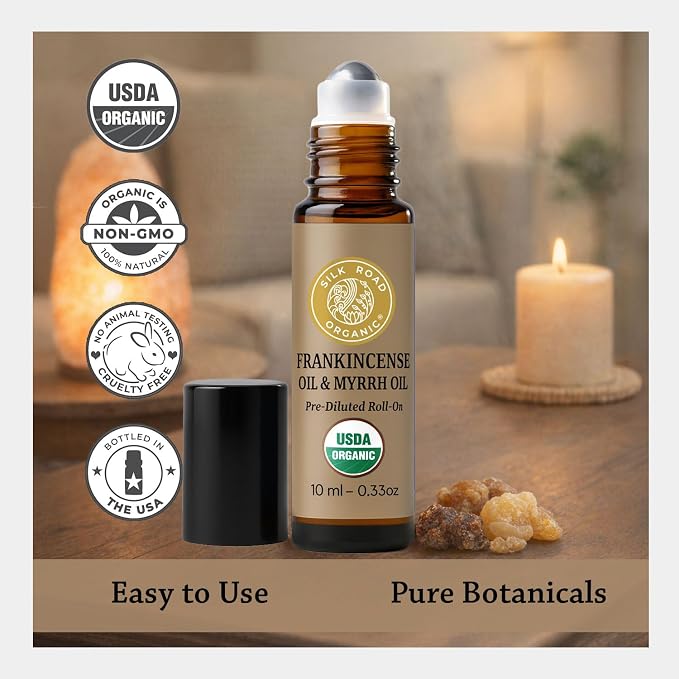Silk Road Organic Frankincense Oil & Myrrh Essential Oil Roll On for Body Aches, Stiffness & Tingling - USDA Certified Aromatherapy Roller, 10ml