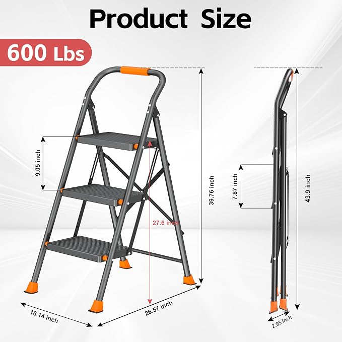 Step Ladder Foldable Folding Stool - for Home Adults Kitchen 3 Stepping Extension Tall Heavy Duty with Handrails - Closet Stepstool Stair Ladders Extendable Stepladder for Indoor House 600Lbs