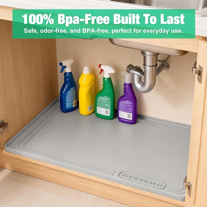 Aisslro Under Sink Mat 34" X 22", Waterproof Silicone Cabinet Organizer Protector with Raised Edge, Kitchen & Bathroom Leak Tray, Shelf Liner & Pet Feeding Mat for Dog Cat Food Mats, Gray
