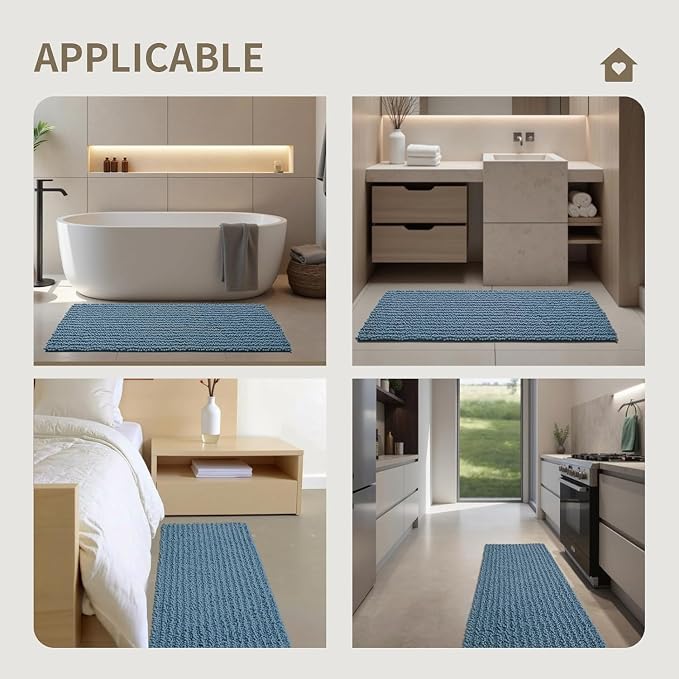 Bathroom Rugs Non Slip Washable 32x20, Extra Thick Soft Chenille Absorbent Bath Mat, High Density Barrier Non Slip Backing, Quick Dry Plush Shaggy Floor Carpet for Tub&Shower, Blue