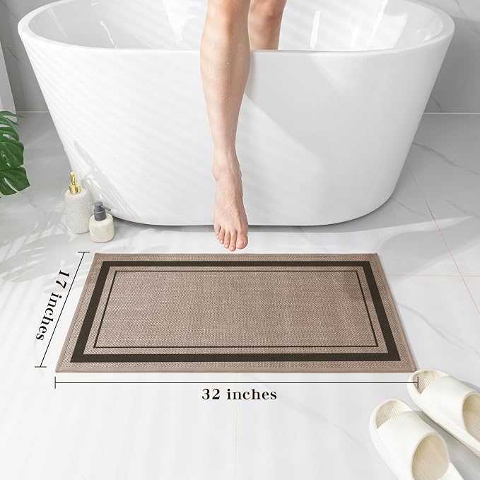 chakme Bathroom Rugs Mat 32x17, Ultra Thin Non Slip Bath Mat Quick Dry Absorbent Bath Mat for Bathroom Floor, (Dark Beige, 32"x17")