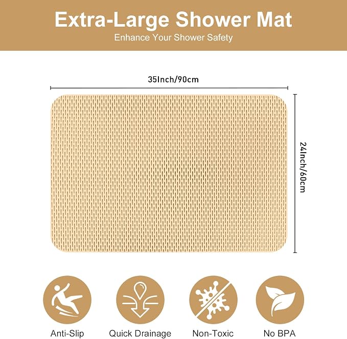 Non Slip Shower Mat: 35"x24" Extra Large Shower Mats for Inside Shower,Trimmable PVC Anti Slip Shower Stall Mats, No Odor, Quick Drying Shower Mats for Floor, Bathroom, Home, Kitchen, Hotel