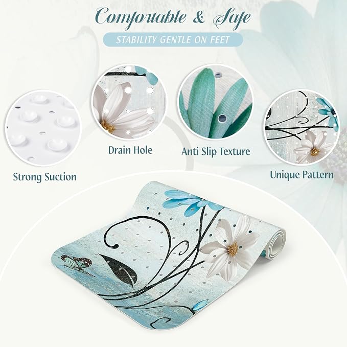 SHUCHING Turquoise Bath Mat for Tub Non Slip-40 X 16Inch, Rustic Farmhouse Flower Bathtub Mat Anti Slip for Women, Long Shower Mat for Bathroom Mold Free, Machine Washable