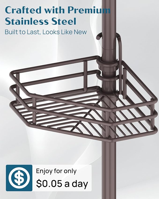 SEIRIONE Corner Shower Caddy Tension Pole, Quick Setup, Rust-Free Bathroom Shower Organizer Corner for Bathtub Shampoo Storage, 4-Tier Adjustable Shelf, Drill Free, Fits 34 to 116 Inch Height, Bronze