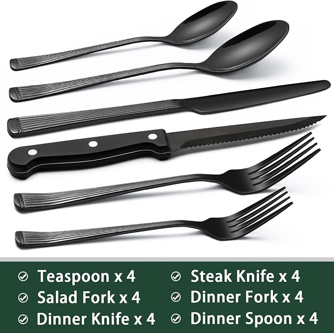 EWFEN 24-Piece Black Silverware Set with Steak Knives, Black Flatware Set for 4, Food-Grade Stainless Steel Tableware Cutlery Set, Mirror Finished Utensil Sets for Home Restaurant, Roman Column