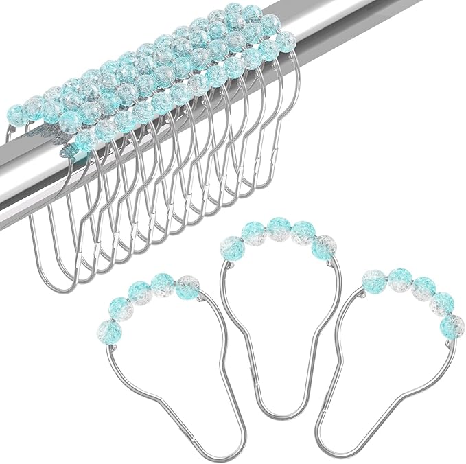 Amazer Shower Curtain Rings, Decorative Shower Curtain Hooks, Shower Curtain Hooks, Rustproof Stainless Steel Shower Hooks for Bathroom Shower Curtain-Set of 12, Ice Blu