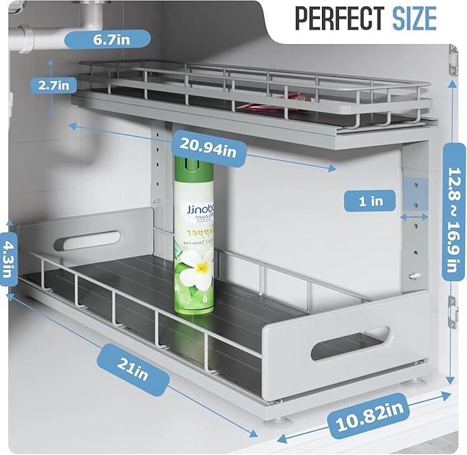 Under Sink Organizer Upgrade To Professional Rails,2-Tier Dual Pull Out Cabinet Storage,Height Adjustable Slide Out Drawers For Bathroom Kitchen,1 Pack-21"Dx12.8"-16.9"H,Gun Gray