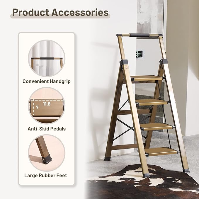 XinSunho 4 Step Ladder, Aluminum 4 Step Stool with Retractable Handrail and Anti-Slip Wide Pedal, Folding Stool Ladders 4 Steps, 330lbs Safety Household Slim Ladder