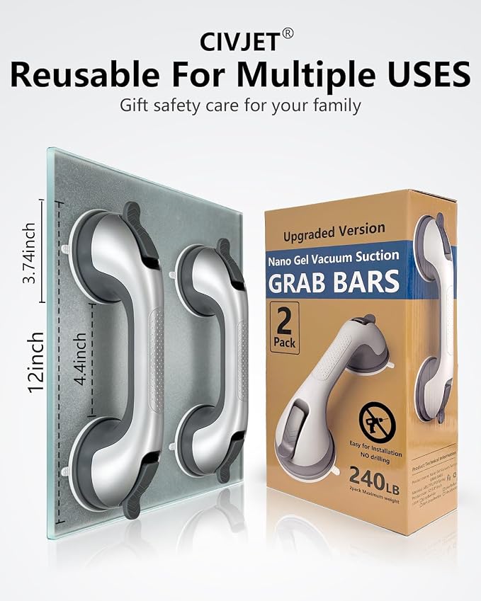 2 Pack Suction Cup Shower Grab Bars for Seniors, Heavy Duty Removable Shower Handles for Bathtubs & Showers, Bath Handrails for Elderly Assistance Products, Bathroom Safety Accessory