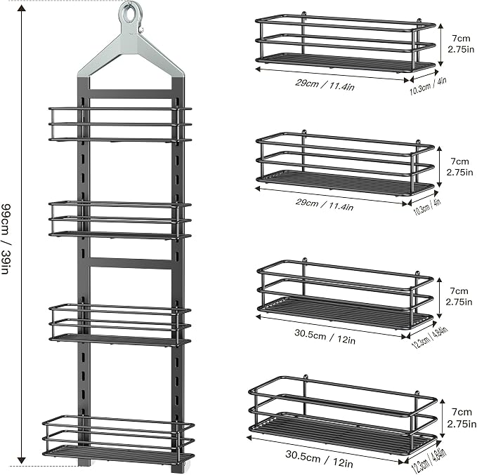 Orimade 4 Tier Adjustable Anti-slip Shower Caddy over Shower Head,Rustproof Bathroom Hanging shower Organizer with 4 Hooks for Razor,No Drilling Shower shelves Storage Rack,Grey