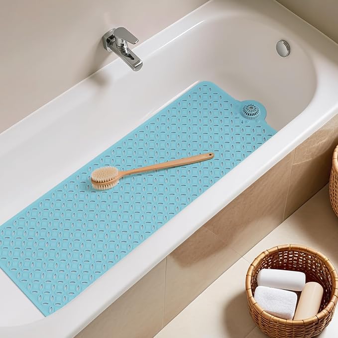 OTHWAY Bath Mat for Tub Non Slip: 39" X 17" Long Bathtub Mat with Hair Catcher│Big Drain Holes Shower Mats for Inside Shower│Machine Washable (Blue)