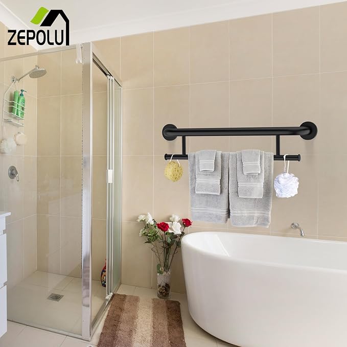 Black Towel Grab Bar 24 Inch - 1.25” Diameter, Zepolu Stainless Steel Safety Bar w/Towel Holder for Bathroom, Shower Assist Balanced Support Handle, Wall Mounted Towel Rack for Senior Elderly Handicap
