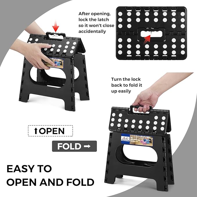 ACKO Folding Step Stool, 11 Inch Non-Slip Foldable Step Stools up to 300lbs for Kids and Adults, Portable Lightweight Collapsible Stool with Handle, for Kitchen Bathroom Black, 1 Pack