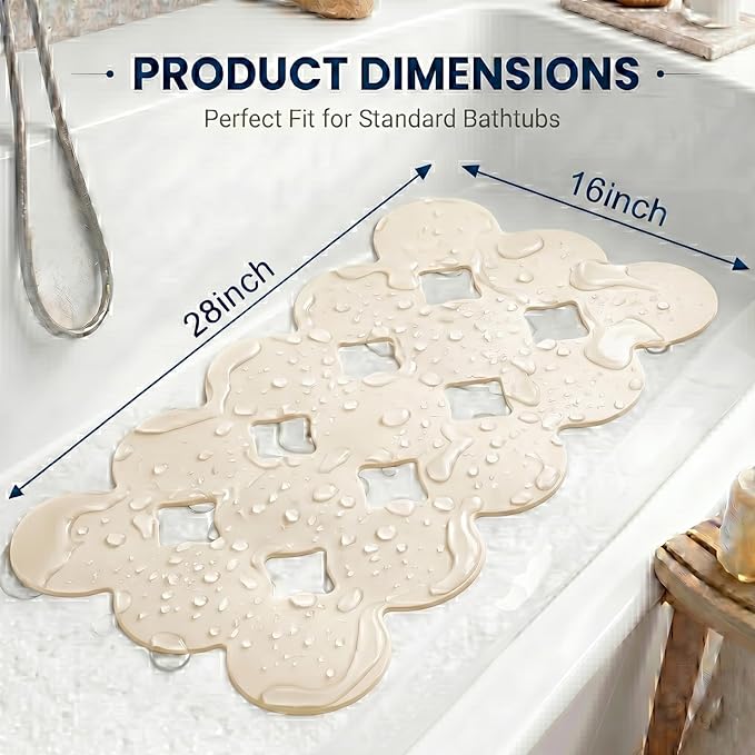 Webos Patented Non Slip Bathtub Mat Shower Bath Mats with Strong Suction Cups Soft Heavy Duty Natural Rubber Superior Grip&Drainage for Inside The tub (Beige, 28x16 inch)