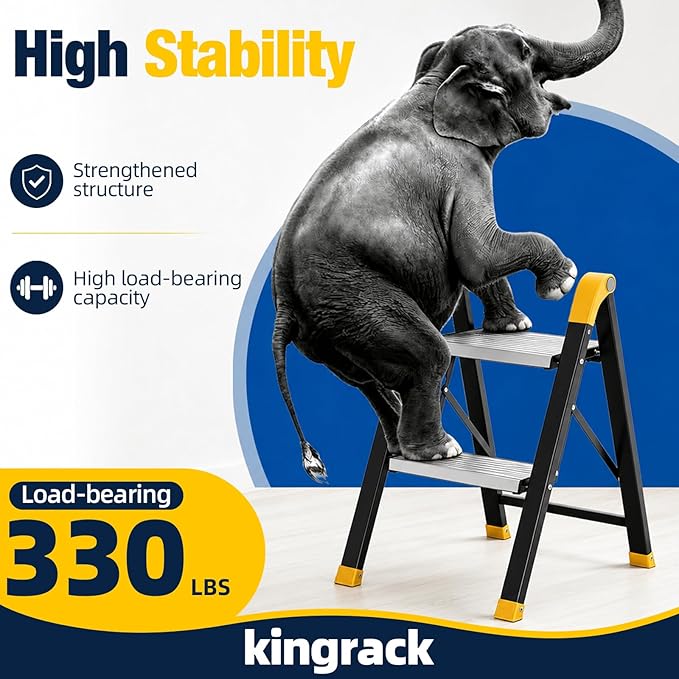 KINGRACK Aluminum Step Ladder, 2 Step Ladder Folding Design, Step Stool Foldable with Safe Grip, Non-Slip Handrails, Safety Lock, Heavy Duty 330LBS for Home, Kitchen, Garage, RV, Black
