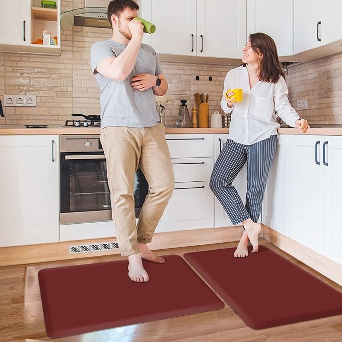 HappyTrends 2 PCS Kitchen Mat Cushioned Anti-Fatigue Floor Mat, Heavy Duty Ergonomic Comfort Foam Standing Mat, Waterproof Non-Slip Kitchen Rugs for Home, Office, Laundry,Red