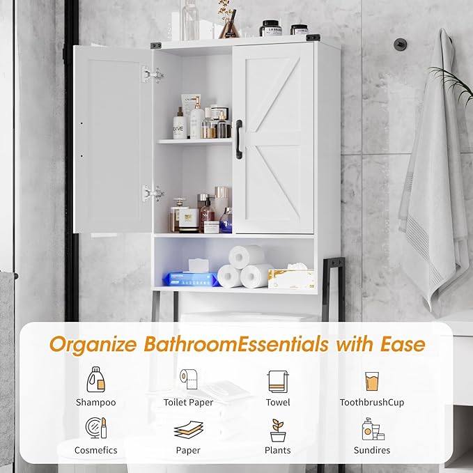 Vabches Over The Toilet Storage Cabinet with 2-Door Design Bathroom Organizers and Storage with Anti-Tip Device Over Toilet Organizer with Shelves for Bathroom,Restroom,Laundry White