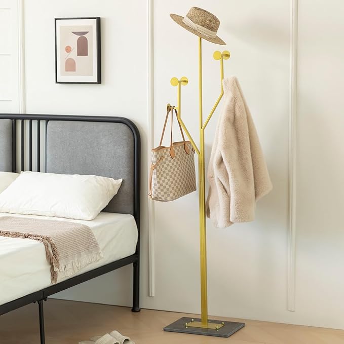 JIAYUEJU Heavy Duty Coat Rack Tree-shaped Metal Freestanding Coat Tree with Sturdy Marble Base Corner Coat Rack for Bedroom Entryway Hallway 14.96 x 10.24 x 68.9 Inches (Gold)