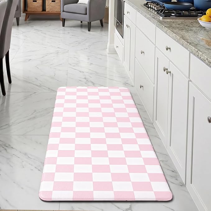 Pink Checkered Grid Checkerboard Kitchen Rug Sets [1 PC], Anti-Fatigue, Waterproof Non-Slip Kitchen Mats Heavy Duty Ergonomic Comfort Foam Rug for Floor, Home, Laundry,17"x47"
