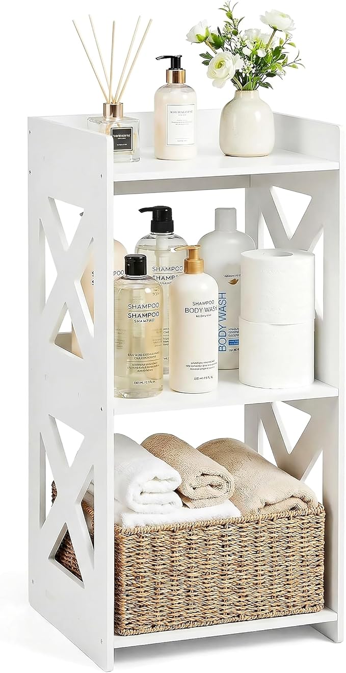 Small Bathroom Storage Corner Shelf, Waterproof PVC Narrow Floor Stand, Slim Gap Filler Organizer for Toilet Side, Laundry Room, Shower, Kitchen Spice Rack, White Restroom Holder (3-Tier)