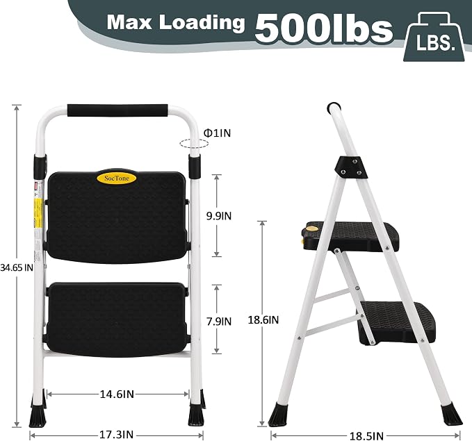 SocTone 2 Step Ladder, Folding Step Stool for Adults with Handle, Lightweight, Perfect for Kitchen& Household, 500lbs Capacity Sturdy Steel Ladder, White