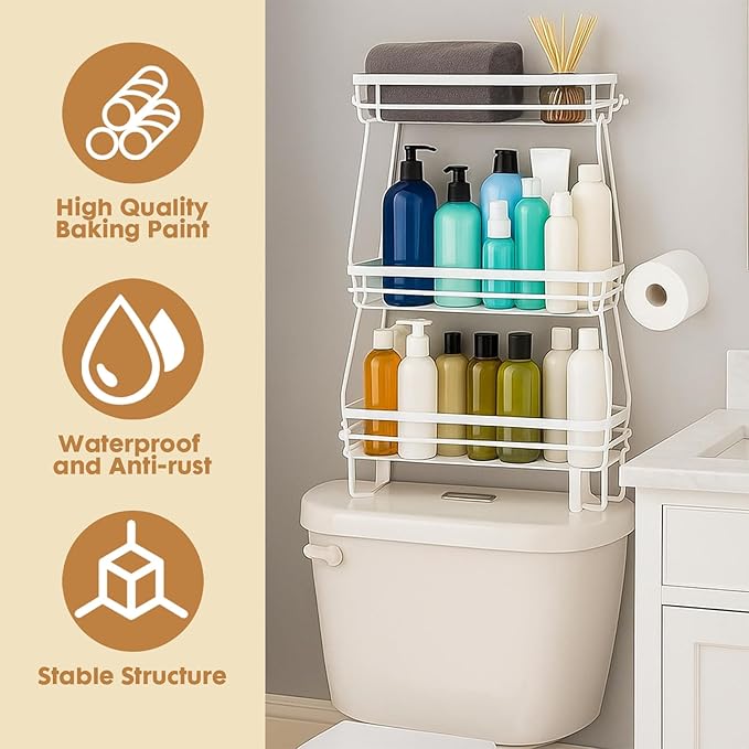 ShellKingdom Over The Toilet Storage Shelf, 3 Tier Toilet Paper Holder Stand Shelves, Punch-Free Bathroom Storage Rack with 2 Hooks, Small Space Organizers for Bathroom, Home, Countertop, White