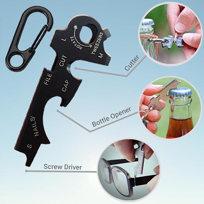 Heavy Duty Keychains with Carabiner Clip,8-in-1 Multi-Tool,EDC Essentials with Screwdrivers(3 Bits),Bottle Opener & Survival Functions,Mini Tool as Gift (Black+Silver)