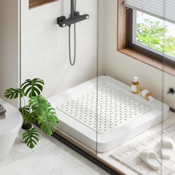 HITSLAM Shower Mat Anti Slip, 21x21 Inch No Odor Soft TPE Bathroom Shower Stall Floor Mat, Square Bath Mat for Tub Non Slip with Suction Cups and Drain Holes, Machine Washable, Soft on Feet, White