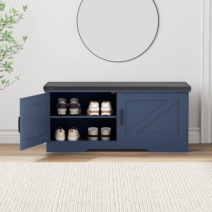HOMSHO 2-Tier Storage Bench, 39.4" Wide Shoe Bench with Padded Seat Cushion, Entryway Bench with 2 Barn Doors and Adjustable Shelf, Blue