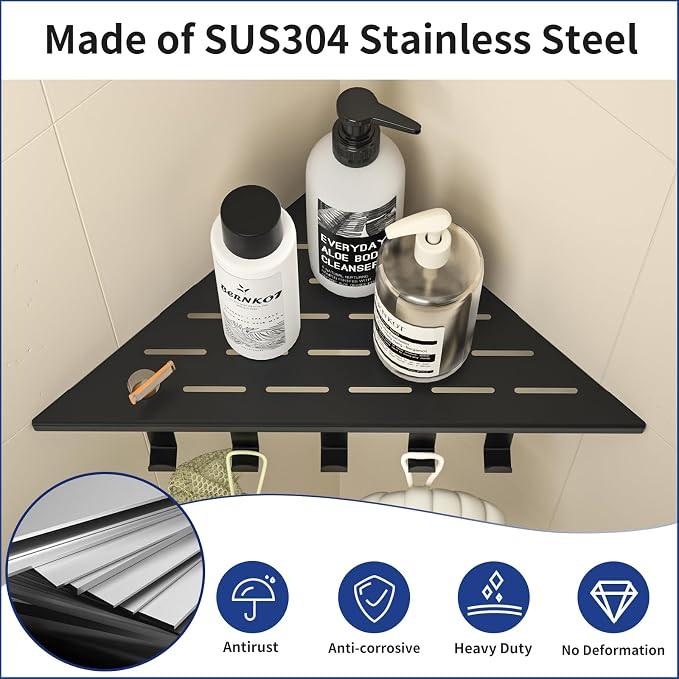 Corner Shower Shelf w/Hooks, Grout in Bathroom Shelves for Tiled Wall, 304 Stainless Steel Recessed Shower Shelf (Matte Black, 12''-2pcs)