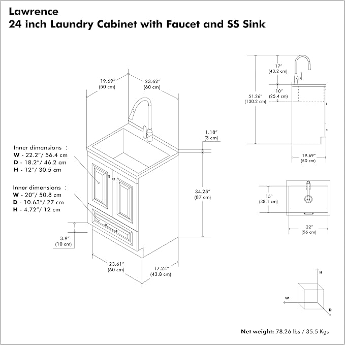 SIMPLIHOME Lawrence All-in-One 24 inch Wide Utility Sink and Laundry Cabinet in Pure White Finish, Transitional Stainless Steel Sink Cabinet for Laundry Rooms with High-Arch Brushed Nickel Faucet