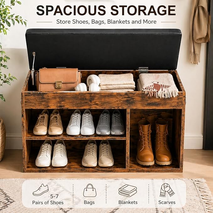 HOOBRO Shoe Storage Bench with Cushion, 32.3'' Entryway Bench with Lift Top Hidden Storage and Adjustable Shelves, Wooden Shoe Rack Bench for Entryway Bedroom, Rustic Brown and Black BF40HX01