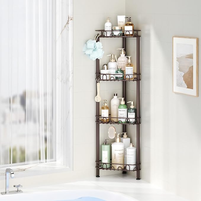 SWTYMIKI Standing Shower Caddy Corner - 4‑Tier Stainless Steel Shower Organizer Shelf with 12 Hooks and Adhesive Pads, Rustproof Corner Shelves Stand Rack for Bathroom Shower Room, Bronze