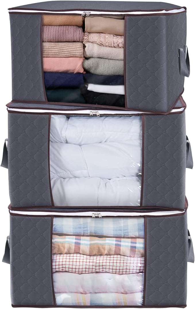 Lifewit 3 Pack 90L Clothes Storage Bins with Lids, Foldable Blanket Storage Bags with Zippers, Clear Window and Reinforced Handles, Closet and Organization for Clothing, Sweater, Comforter, Bedding