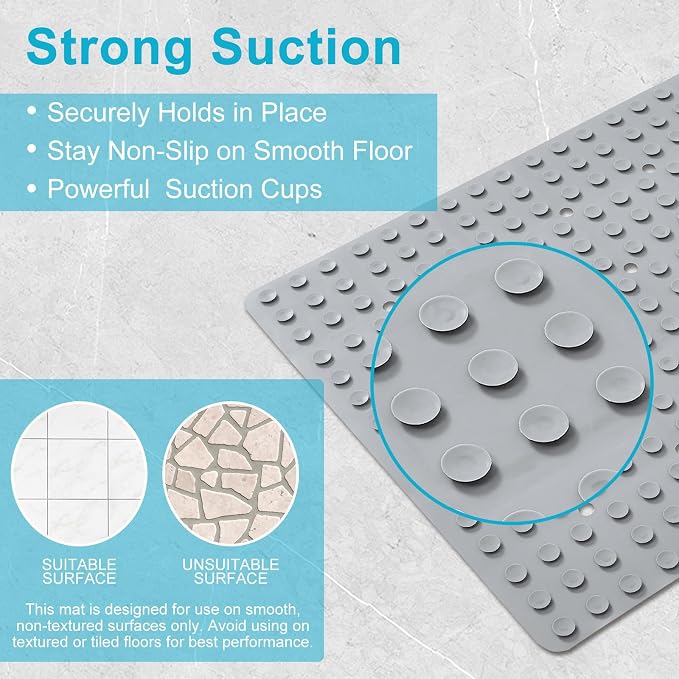 Webos Non-Slip Bath Mat for Tub & Shower：Silicone Foldable Bathtub Mat with Strong Suction Cups, Quick Drain Holes, Machine Washable Extra Large Bathroom Mats 35.8" x 17.7", Grey